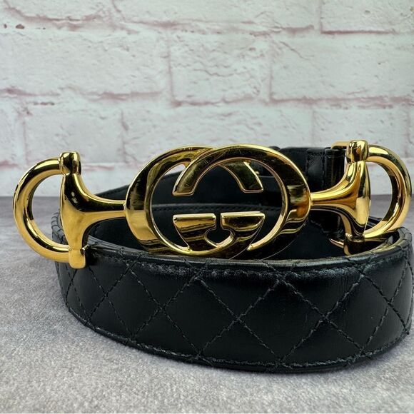 Gucci Zumi Black Leather Quilted Belt with Gold Buckle 550122 90/36 - Picture 1 of 10